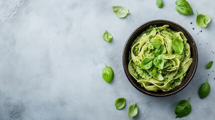 Obraz premium Fresh and Vibrant Basil Pesto Pasta on a Marble Background