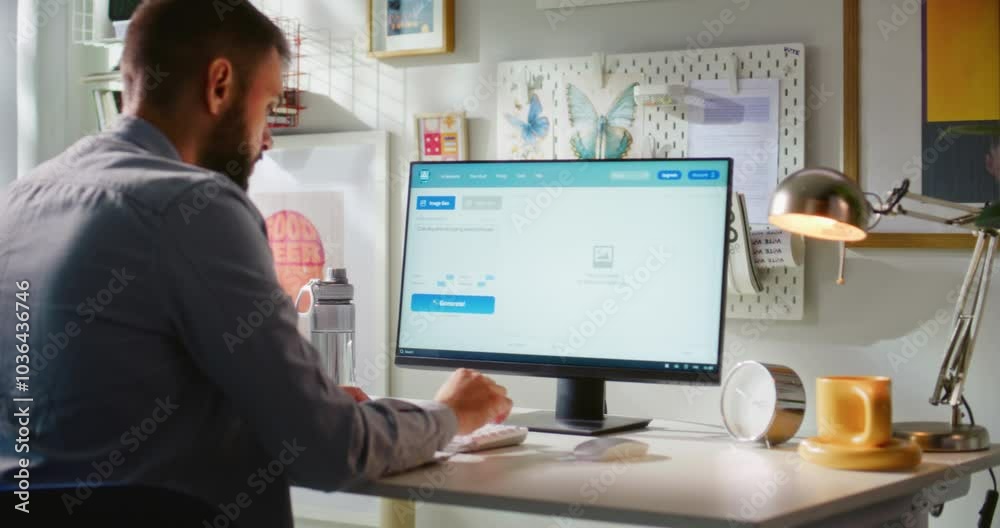 Poster adult man types prompt in ai image generator on personal computer. pc screen shows artificial intell