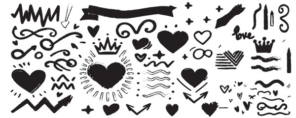 Various crayon drawn arrows, ellipses, underlines, crowns and stars. Doodle lines and shapes with grunge pastel pencil texture for hand drawn notes. Set of doodle vector graphic elements.