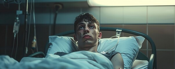 Man in hospital bed, emotional distress, IV drip, harsh fluorescent light, overhead shot, sterile environment, clinical tone, stark contrast
