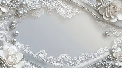 Congratulations background with lace, ribbons, decorated with silver pearls