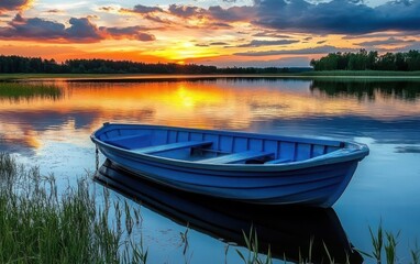Obraz premium A picturesque image featuring a still boat on a serene lake at sunset, capturing the beautiful blend of colors in the sky and the peacefulness of the surrounding nature 