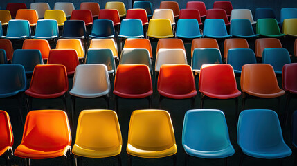 Rows of empty plastic seats in a sports stadium, bathed in afternoon sunlight. The bright, colorful chairs create a sense of waiting, ready for the next crowd to arrive.