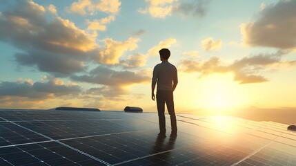 View on the rooftop solar power plant with mann walking and examining photovoltaic panels. Concept of alternative energy and its service. 