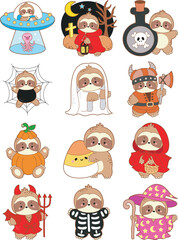 Cute sloth halloween version. Funny baby sloth animal series halloween illustration.
