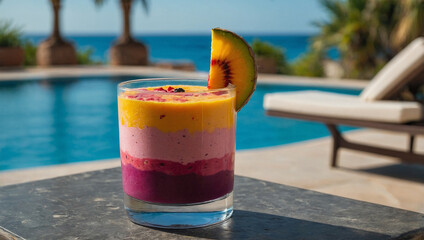 Vibrant smoothie with layers of fruit colors, set on a lounge table by the pool with clear blue water in the background.