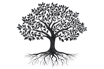 Tree illustration with intricate leaves and roots  isolated on transparent background,PNG image.	
