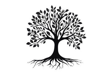 Tree illustration with intricate leaves and roots  isolated on transparent background,PNG image.	
