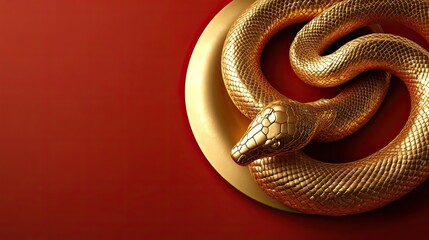 Obraz premium Golden Snake Coiled on Red Background