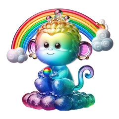 Naklejka premium A glass sculpture of a beautiful chinese cute Monkey, gradient of rainbow colors isolated on white background PNG