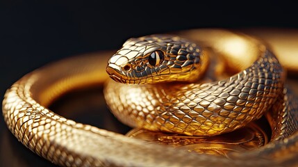 Fototapeta premium A Golden Serpent Coiled on a Black Background