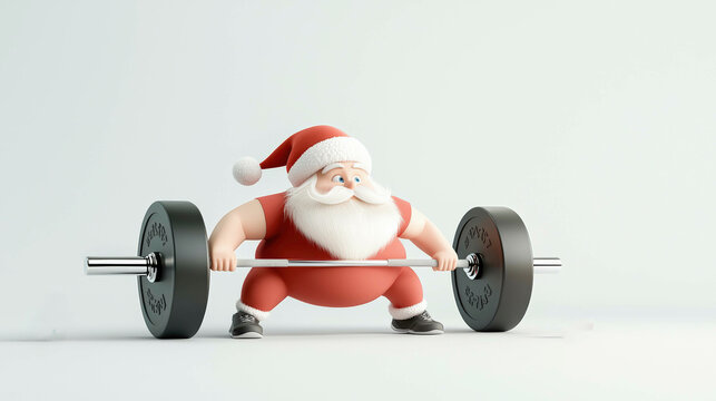Santa is hitting the gym, lifting a barbell with determination to stay fit for Christmas deliveries. He's swapped cookies for weights, staying strong and ready for the holiday season.
