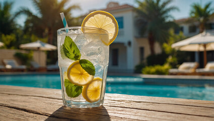 Glass of iced lemonade with lemon slices and mint, sitting on a poolside table under bright sunshine.