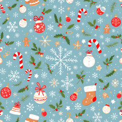 Seamless Christmas Holiday Pattern with Snowflakes, Ornaments, Candy Canes, and Holly Leaves
