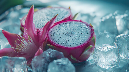 Two halves of a dragon fruit placed on a bed of ice cubes, with a tropical flower nearby for a refreshing look. --chaos