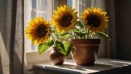 Obraz premium Small pot of bright sunflowers, placed on a windowsill with sunlight streaming through sheer curtains.