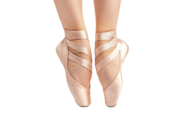 Women's feet in ballet shoes with pointe position on isolated on transparent and white background.PNG image,