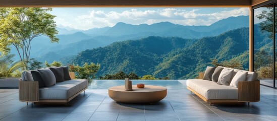 Fototapeta premium Two white sofas with pillows and a wooden coffee table on a patio overlooking a mountain range.