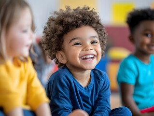 Diverse Children Smiling and Playing in Inclusive Classroom Setting