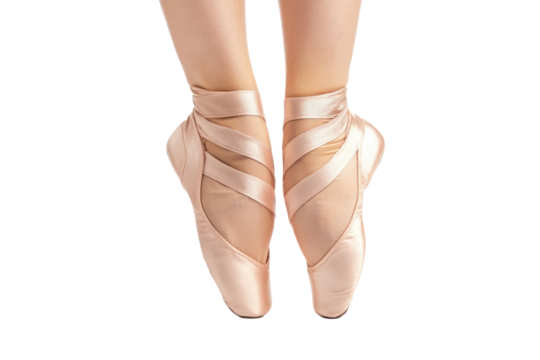Women's feet in ballet shoes with pointe position on isolated on transparent and white background.PNG image,
