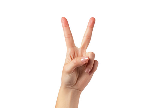 Woman's hand gesture showing peace sign  isolated on transparent background,PNG image.	