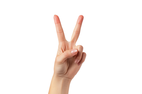 Woman's hand gesture showing peace sign  isolated on transparent background,PNG image.	