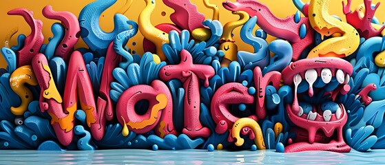 Vibrant water-themed artwork blending colorful organic shapes with playful typography to celebrate the essence of water in a creative display