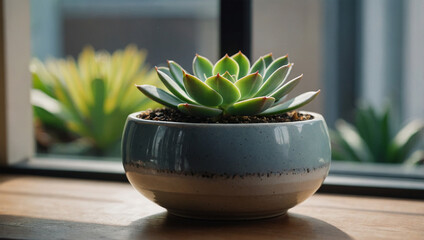 Succulent plant in a minimalist ceramic pot, set on a windowsill with a clear view of the garden outside.