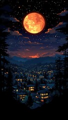 A night scene of a town with a big moon. The glowing windows of a town nestled in the hills create a warm and inviting scene under the moonlight.