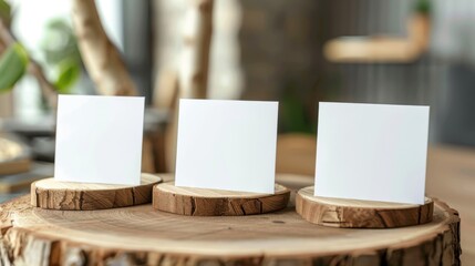 Blank cards on wooden stands in a rustic setting for customization