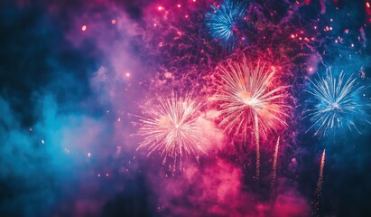 Vibrant Fireworks Exploding in Colorful Night Sky Display