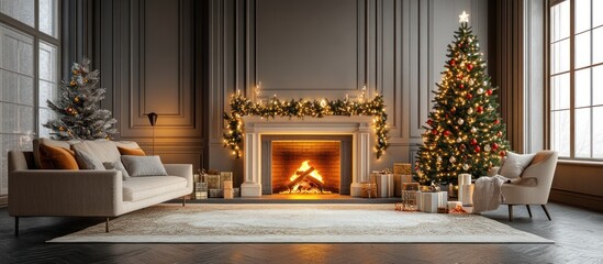 Cozy living room decorated for Christmas with a fireplace, a decorated Christmas tree, presents, and a sofa.