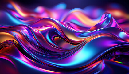 Abstract art featuring fluid metallic shapes, reflecting vivid light and color, with a gloss 