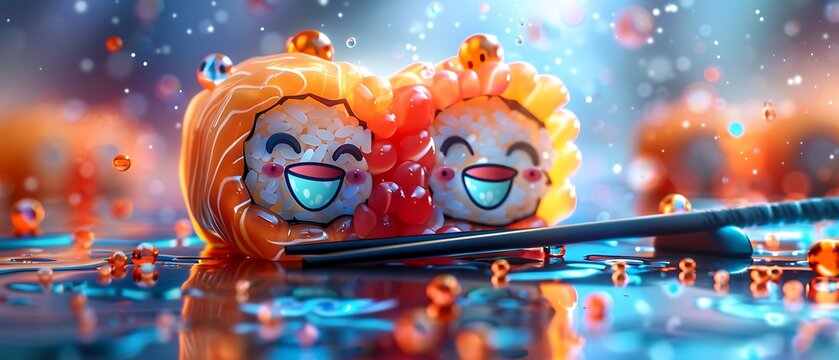 Playful sushi characters embrace in a colorful underwater scene capturing joy and fun in a delightful food art concept