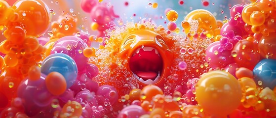 Joyful and vibrant colorful bubble creature surrounded by playful bubbles in a whimsical setting full of energy and emotion