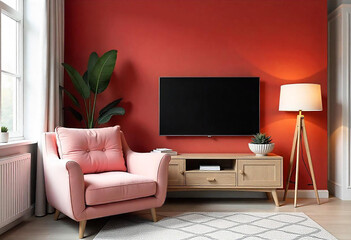  Contemporary living room with wooden furniture, a red wall backdrop, and a blank TV 