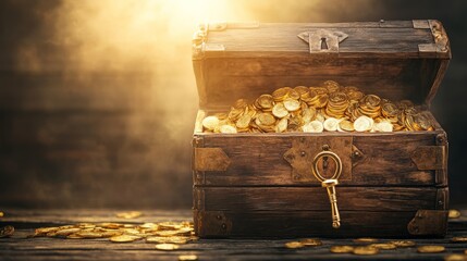 Treasure Chest of Gold Coins Illuminated by Sunlight