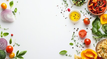 Colorful Assortment of Fresh Vegetables and Herbs on a White Background