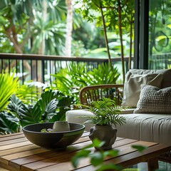 Fototapeta premium Interior design of living room with rattan table, sofa, coffee cup and plants on wooden table