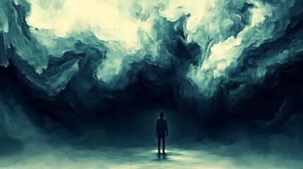 Obraz premium A Silhouette Stands Before a Swirling, Abstract, Green and Yellow Cloud, abstract painting, digital art, clouds, silhouette