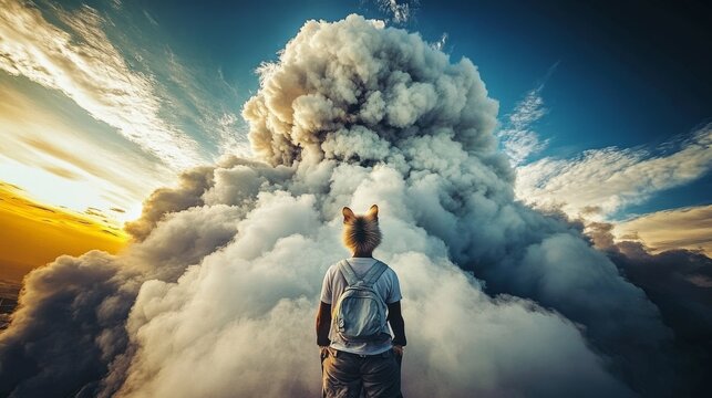 A lone figure with cat ears stands before a massive cloud formation, a sense of impending doom or wonder in the air, digital art, photo manipulation, clouds, cat, person