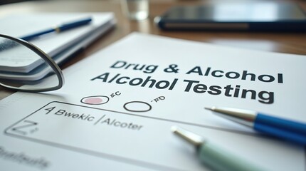 Drug and alcohol testing form on office table with pen and magnifying glass