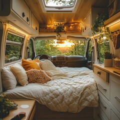 Naklejka premium Cozy Camper Van Interior with Sunset View