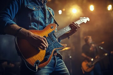 Obraz premium Closeup of a Musician's Hand Playing a Sunburst Electric Guitar on Stage, guitarist , music , performance