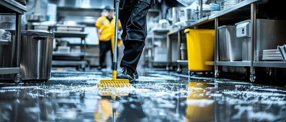 Close-up of a worker sweeping a kitchen floor with a yellow broom, kitchen cleaning , kitchen hygiene, cleaning service