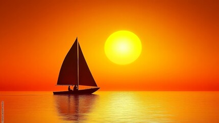 Fototapeta premium Breathtaking Sunset Sail: Tranquil Voyage on Glowing Horizon