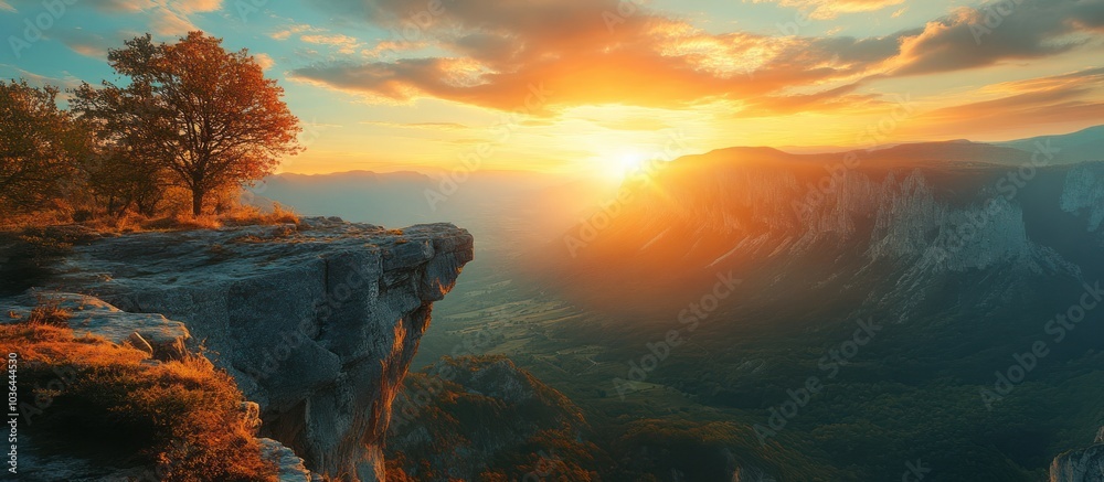 Sticker Dramatic sunset over a mountain valley, with a cliff in the foreground and a lone tree silhouetted against the sky.