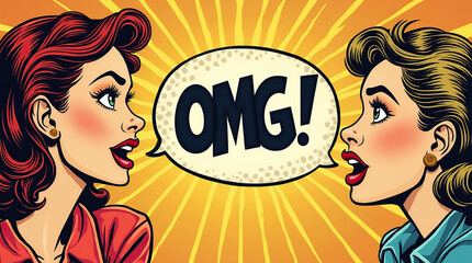 Two women sharing a shocking secret in retro pop art style