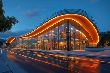 Modern Glass Architecture with Neon Lights at Night