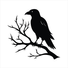 Obraz premium A striking vector illustration of a raven bird silhouette perched on a tree branch, perfect for spooky designs, Halloween projects, or nature-themed artworks with a gothic twist.